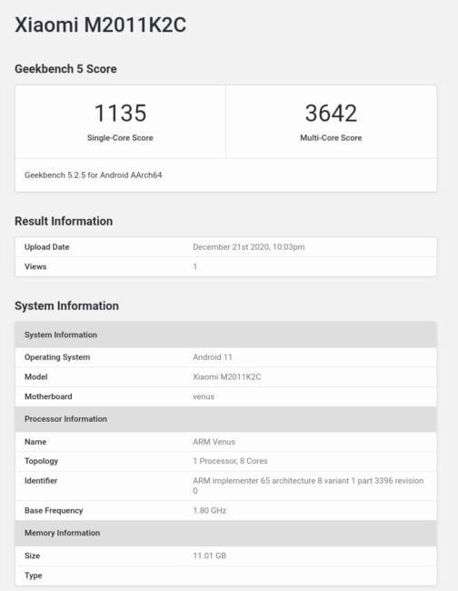 Xiaomi mi 11 GeekBench