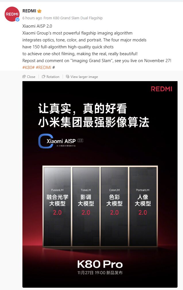 REDMI K80 Pro ofrece soporte AISP con 150 algoritmos completos 3 AISP