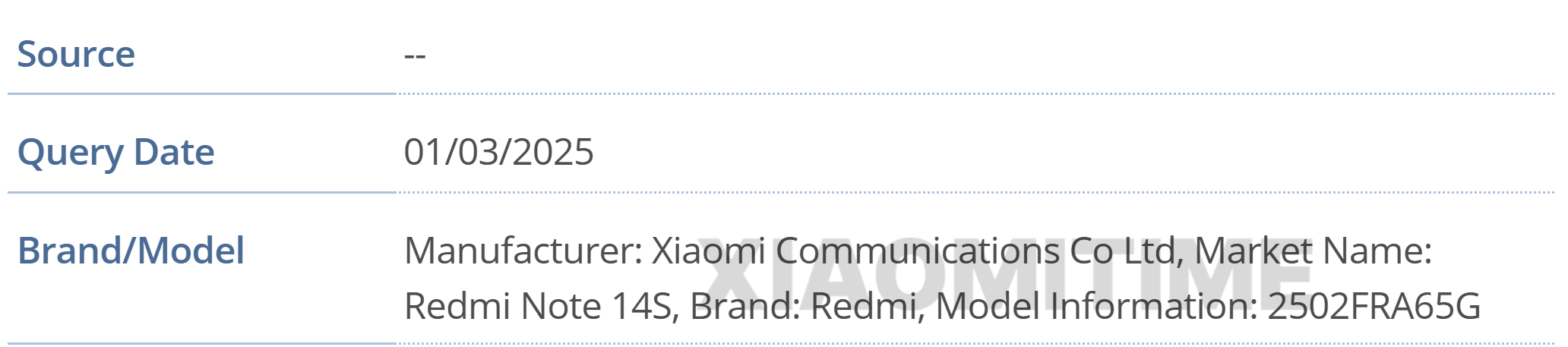 Base de datos de Redmi Note 14S GSMA