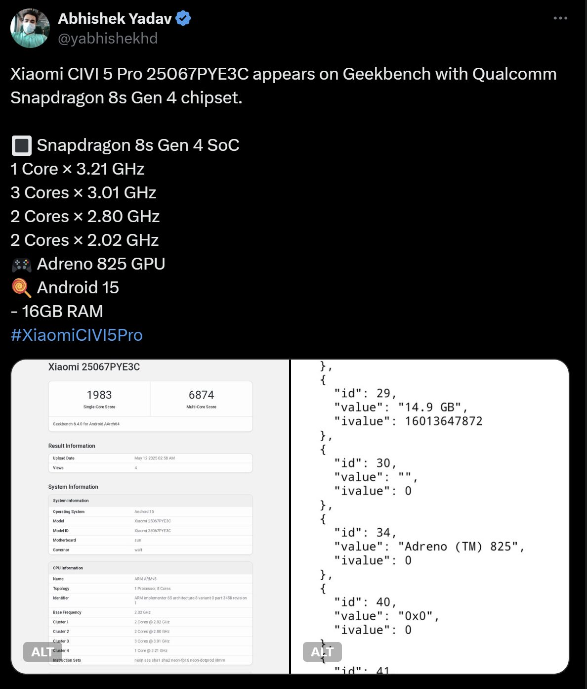 Xiaomi Civi 5 Pro Superficies en Geekbench con 8s Gen 4 2 Imagen de pantalla 2025 05 12 154109