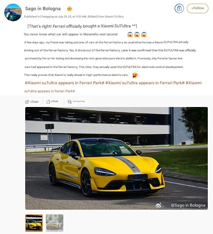 Ferrari compra oficialmente Xiaomi Su7 Ultra para probar 3 Ferrari 1