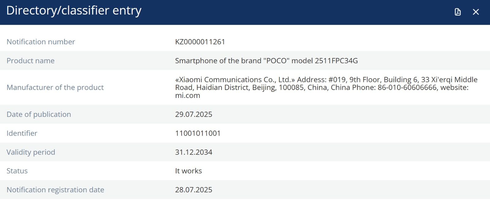 Pretendidamente Poco X8 Pro 2511fpc34g certificado por EEC