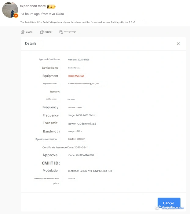 Auriculares REDMI 8 Pro certificado: Xiaomi está preparando su próxima actualización TWS 2 imagen traducida de 35