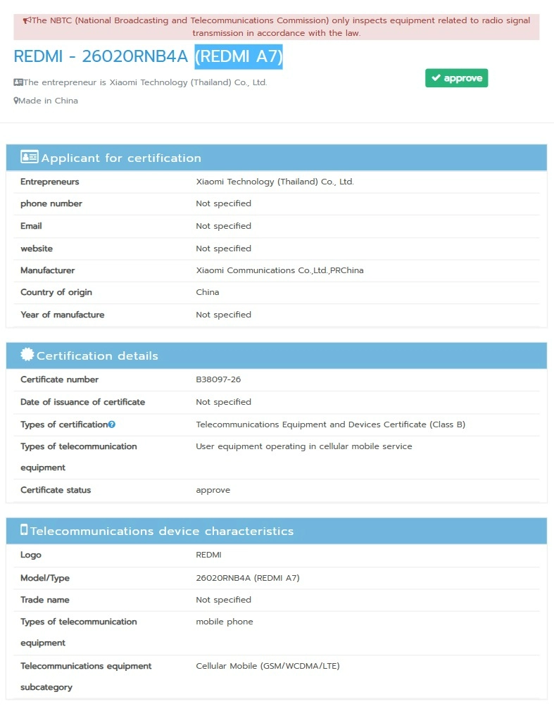 Certificación REDMI A7